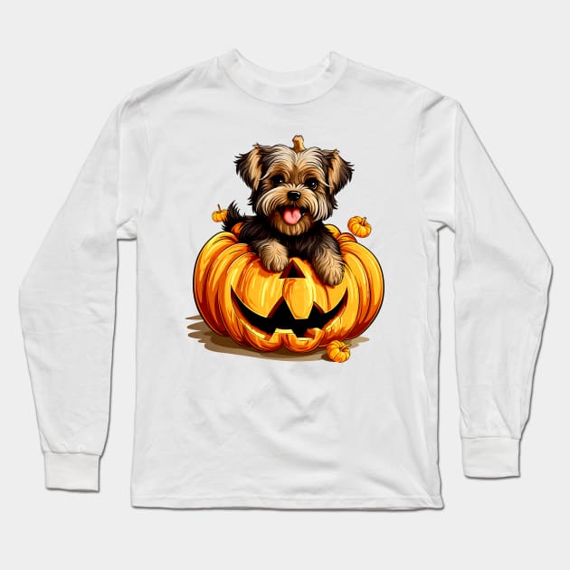 Yorkshire Terrier Dog inside Pumpkin #3 Long Sleeve T-Shirt by Chromatic Fusion Studio